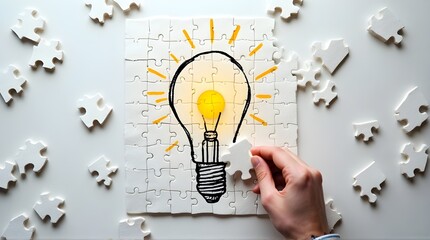 Capturing the spark of a brilliant idea with a final puzzle piece completing the lightbulb concept