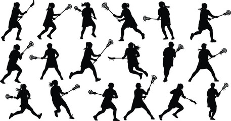 Lacrosse players in action, dynamic silhouettes, team competition, sports photography, high-resolution image, athletic performance, teamwork, game intensity, Adobe Stock