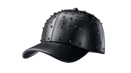 Black Studded Leather Baseball Cap with Textured Surface, cut out transparent