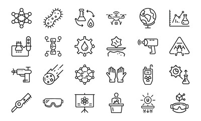 Set of 24 Science and Laboratory Line Icons Chemistry, Biology, Physics, Research, Safety, and Technology Symbols in Minimal Outline Style