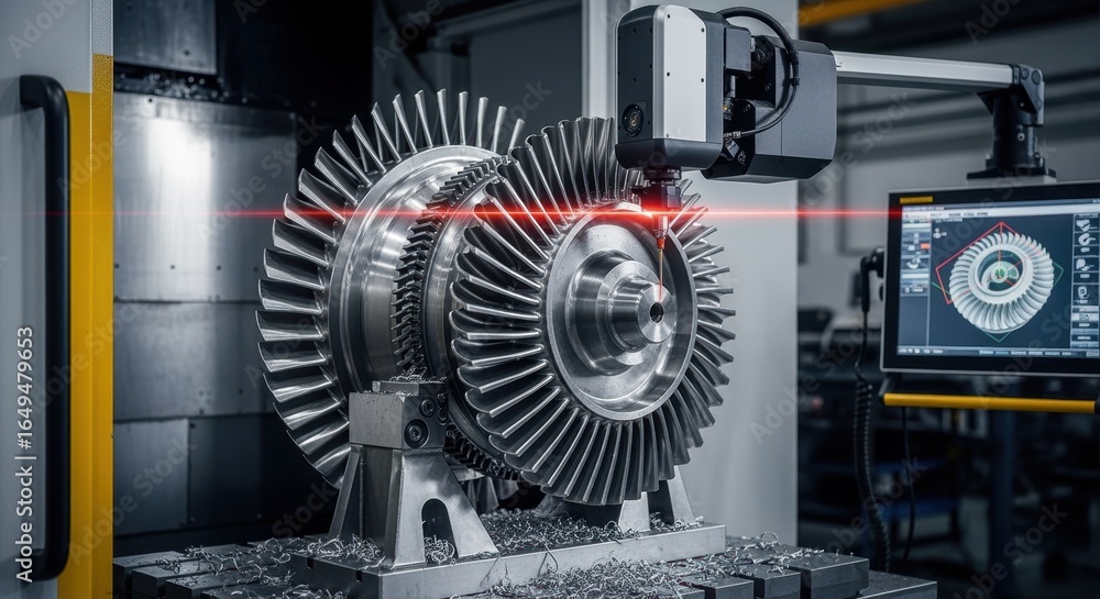 Poster laser measurement system inspecting the accuracy of a hydroelectric turbine part on a machining cent