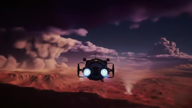 A spacecraft ascends into the atmospheric expanse, leaving trails of luminous exhaust as it ventures towards a celestial display of vibrant hues and swirling formations, creating a dramatic scene.