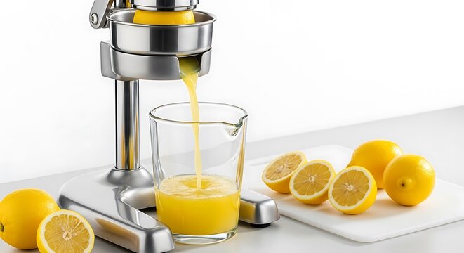 Pouring fresh citrus juice from a manual hand press squeezer into a glass with lemons on a clean white countertop - Powered by Adobe