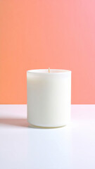 Minimal white candle in frosted glass jar on pink to orange gradient background, modern home decor, calm and cozy atmosphere