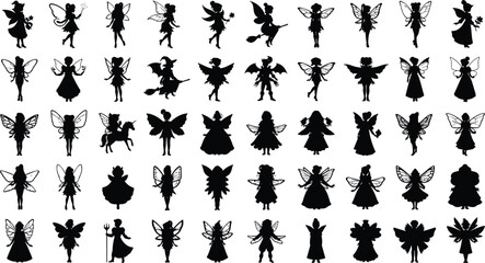 Fairy silhouette, magical wings, fantasy art, enchanting design, mystical illustration, whimsical creature, ethereal beauty, creative stock, dreamy scene, night forest, glowing fairies,