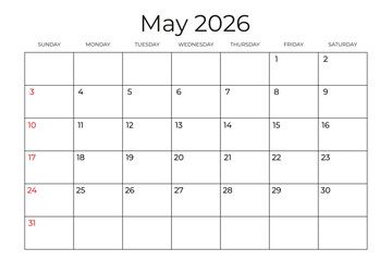 Printable Monthly Calendar template for May 2026. Week Starts on SUNDAY. Wall Calendar in a Minimalist Style. Simple and clean design. Ready to print. Vector illustration