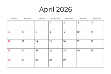 Printable Monthly Calendar template for April 2026. Week Starts on SUNDAY. Wall Calendar in a Minimalist Style. Simple and clean design. Ready to print. Vector illustration