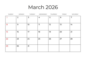 Printable Monthly Calendar template for March 2026. Week Starts on SUNDAY. Wall Calendar in a Minimalist Style. Simple and clean design. Ready to print. Vector illustration