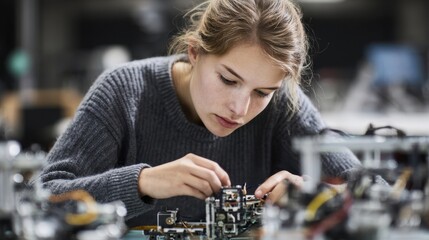 Young woman assembling a circuit board in a high tech electronics laboratory, showcasing her skills and expertise in engineering, technology, and innovative problem solving