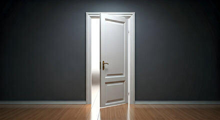 A slightly open white door glows brightly in a dark room symbolizing new opportunities or unknown paths. Use this powerful image for motivational content or as a backdrop for digital presentations.