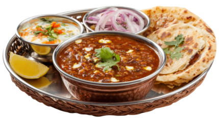 Indian Traditional Thali Food Dal Makhani Served with Chapati, Papad, Kadai Paneer, or Lemon isolated on a white background