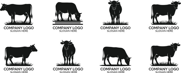 Cow Silhouette Logo Collection, Company Branding, Agriculture Business, Dairy Farm Identity, Livestock Vector Design, Professional Emblem, Adobe Stock Graphic