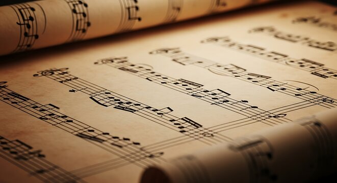 Close-up view of old sheet music with musical notes and symbols, suggesting a classical or vintage musical theme.