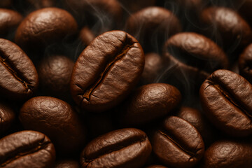Naklejka premium Close-up of roasted coffee beans, rich in color, emitting steam, highlighting their texture and aroma.