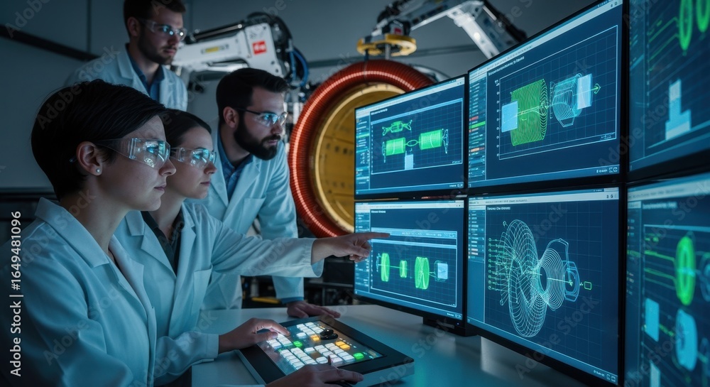 Poster technicians monitoring digital displays controlling the tension and alignment of superconducting wir