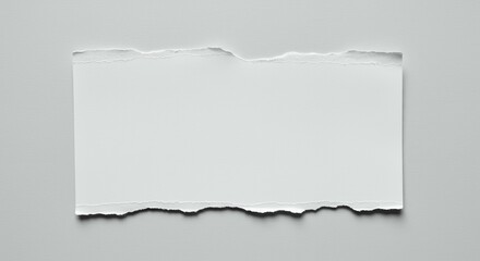 Fototapeta premium Horizontal white torn paper rectangle with rough edges on neutral gray surface, blank template for text messages and creative design projects