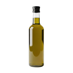 A single glass bottle of golden olive oil with a black cap, isolated on a clean white background