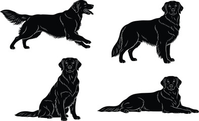 Black dog illustration, running pose, sitting dog, standing dog, lying dog, pet silhouette, canine vector, animal graphic, domestic dog art