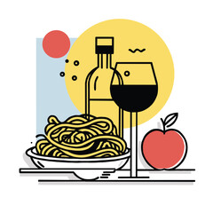 Modern flat illustration of a bowl of pasta, a glass and bottle of wine, and an apple with colorful geometric accents. Perfect for food, dining, and restaurant themes