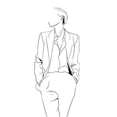Elegant minimalist line drawing of a woman wearing a stylish suit with hands in pockets. Perfect for fashion, lifestyle, or modern design concepts