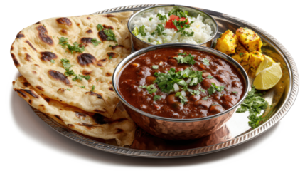 Indian Traditional Thali Food Dal Makhani Served with Chapati, Papad, Kadai Paneer, or Lemon isolated on a white background