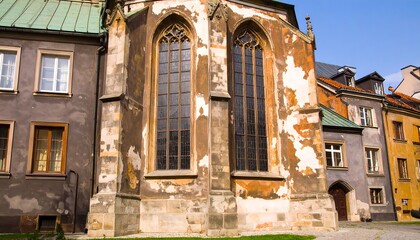 Obraz premium Old European church facade, city street scene
