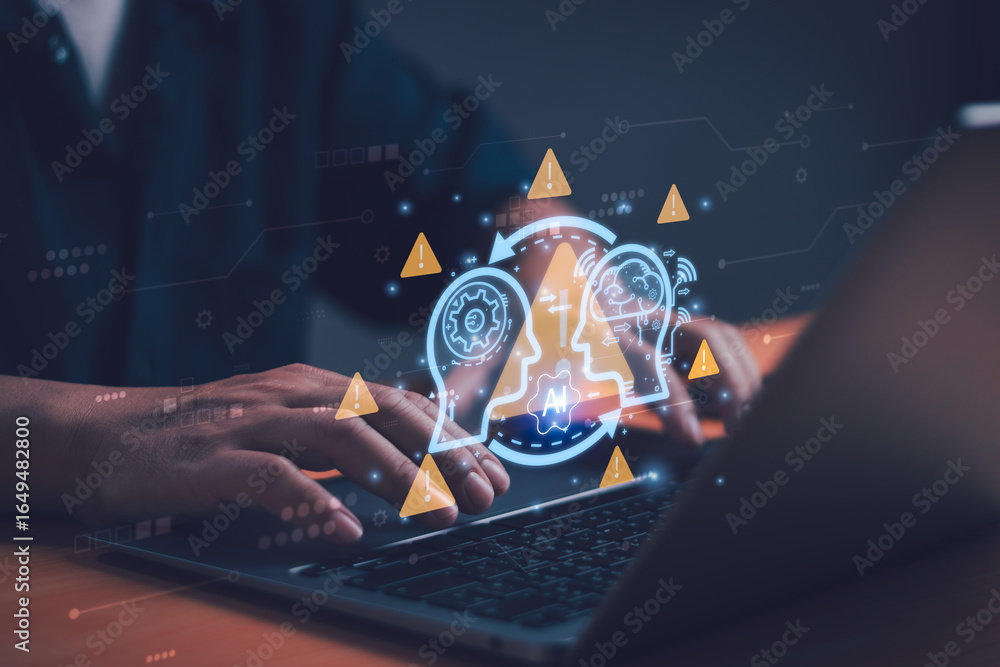 Poster people working with laptop computers with holographic ai alert interface, conveying cyber threats, m