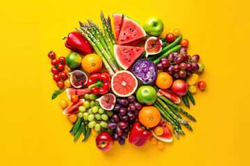 Vibrant Array of Fresh Fruits and Vegetables A Colorful Medley of Nature's Bounty Displaying a Diverse Selection of Healthy and Nutritious Produce on Yellow Backdrop