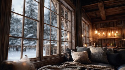 Cozy winter cabin with snowy view