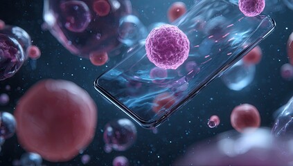 Smartphone hovering amidst microscopic cells.  Pink,  round,  biological entities surround a transparent,  dark phone.  Fluid,  glowing,  blurred effect