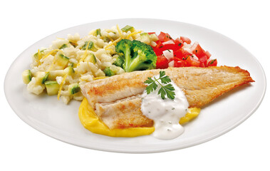 prato com filé de peixe empanado acompanhado de risoto de abobrinha e salada de vinagrete isolado em fundo transparente