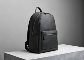 Minimalist Black Backpack on Solid Grey Background