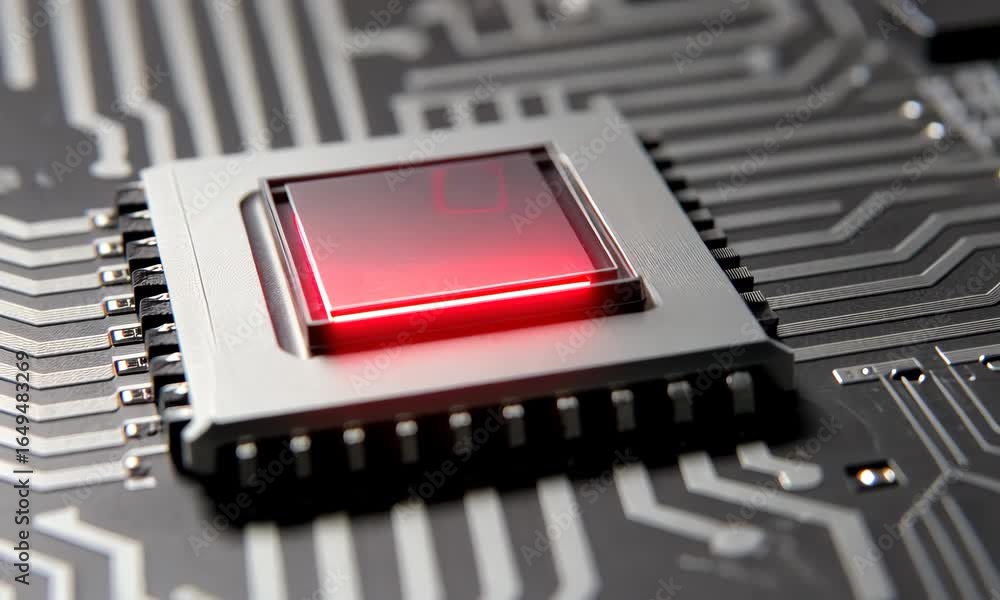 Poster high tech microchip with glowing red element on circuit board showcasing modern electronics and intr