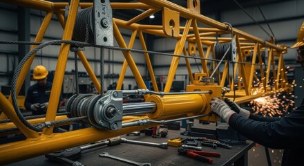 Detailed shot of hydraulic cylinders and cables being installed on a tower crane boom inside a fabrication shop.