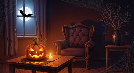 Obraz premium Spooky Halloween night with glowing jack-o-lantern, bat, and cobwebs creates eerie festive atmosphere
