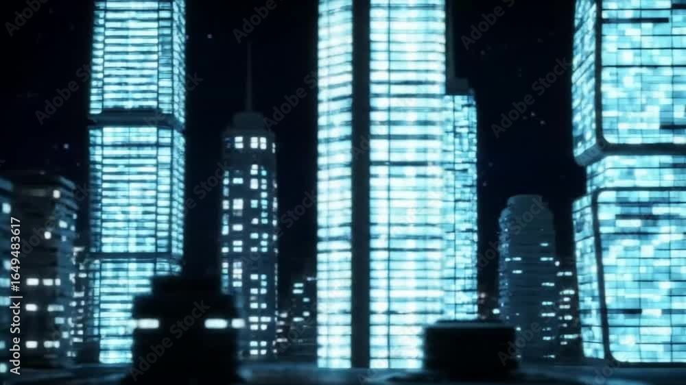 Poster The towering structures illuminate the night sky, their myriad reflecting the ambient glow and creating a mesmerizing display of light and shadow, showcasing modern architecture.