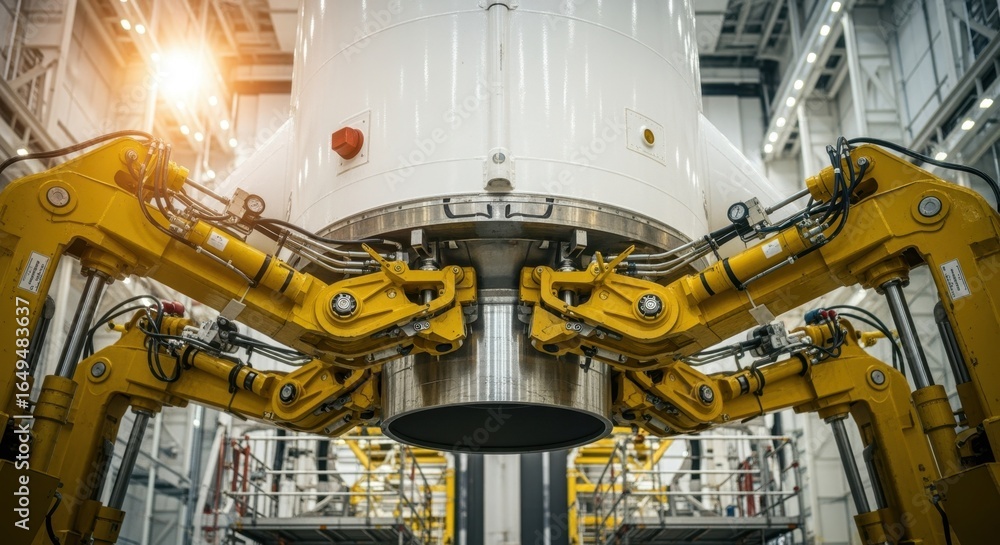 Poster detailed shot of hydraulic arms securing a rocket stage during alignment before stacking in the inte
