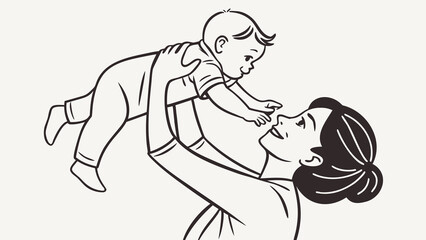 Illustration of a mother holding her baby up in the air with love and happiness in black and white style