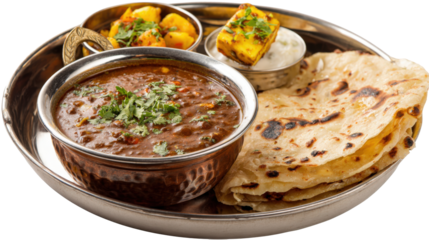 Indian Traditional Thali Food Dal Makhani Served with Chapati, Papad, Kadai Paneer, or Lemon isolated on a white background