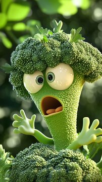 Humorous 3D illustration of an anthropomorphic broccoli vegetable character with a surprised face, wide eyes, and mouth aghast in a comical expression.