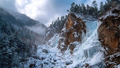 Frozen waterfall cascading down icy cliffs in a snowy mountain valley