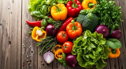 A vibrant display of fresh vegetables and herbs arranged on a rustic wooden surface for a healthy meal