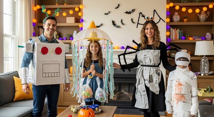 Family halloween costumes robot jellyfish spider mummy diy creative holiday fun celebration together at home
