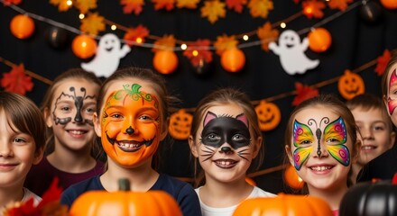 Halloween kids face painting party pumpkin ghost butterfly cat autumn leaves decorations fun celebration