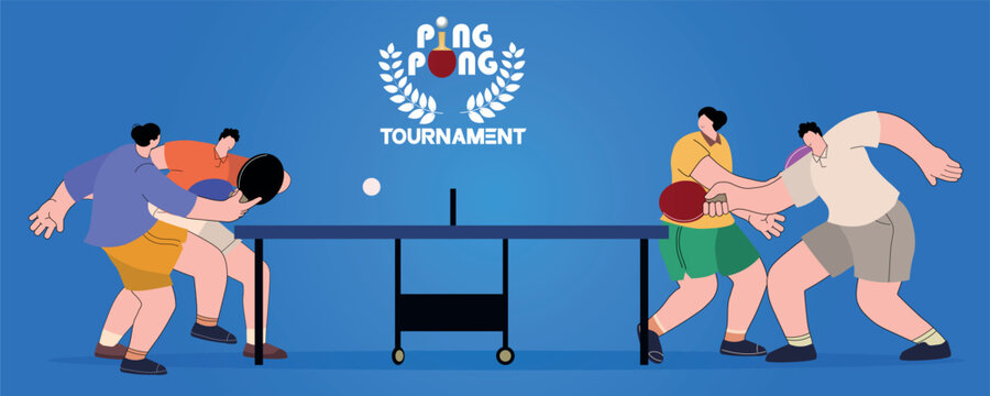 Table tennis doubles tournament poster, four people playing ping pong, professional competition, sport activity, hobby, fitness, sports club, design, team sport.