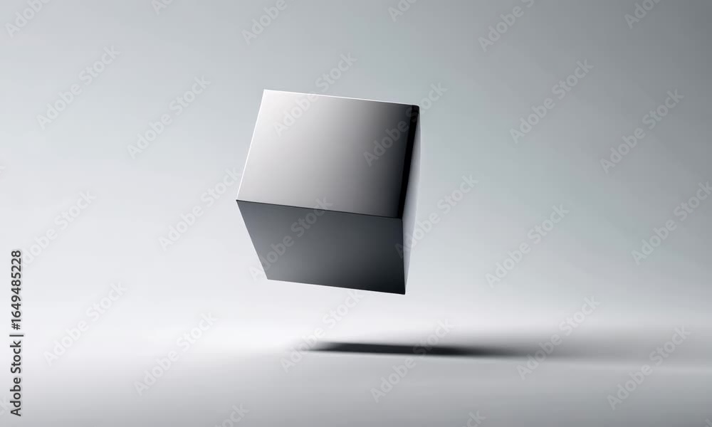 Poster Floating Metallic Cube in Minimalist Environment Modern Elegance with Smooth Surface Reflecting Light and Creating Sense of Simplicity