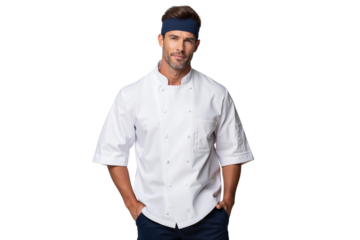Confident restaurant chef in a professional uniform, with his hands in his pockets, ready to cook delicious food