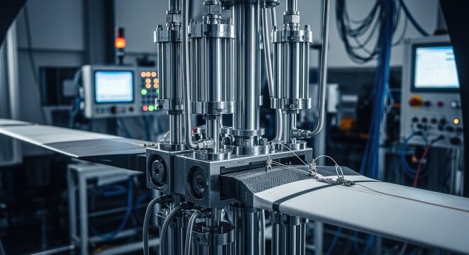Highresolution shot of fatiguetesting rigs hydraulic system exerting fluctuating forces on helicopter rotor blade composite material.