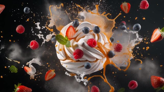 Creamy meringue dessert explosion with berries and caramel sauce.
