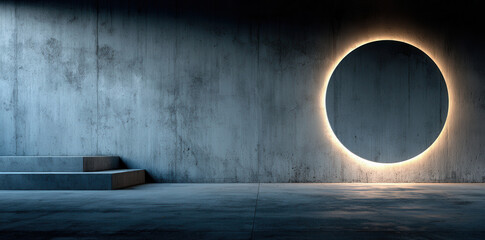 Simplistic elegance shines in a minimalist interior featuring a striking circular light at dusk